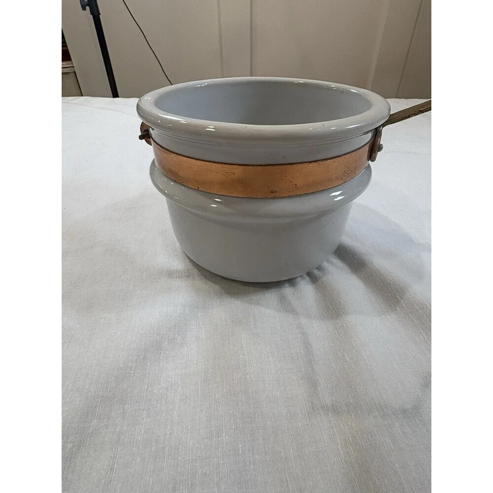 Vintage White Stoneware Double Boiler Pot Insert Copper & Brass Handle 1.5 QT